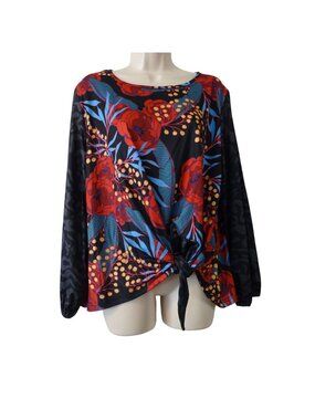 Nuggles Women Tie-Front Top Black Red Floral Size XL Blouse Top Long Sleeve NEW